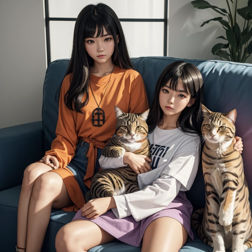 a woman sitting on a couch with a cat, spiritual science, trendy clothes, chinese girl, awakening, shirt, featured on unsplash, jesus holding a cute cat, strong spirit, wake up, straight fringe, 90's photo, sacred feminine, grant us eyes, velma, 1 9 year old, deity, 7, 90's color photo