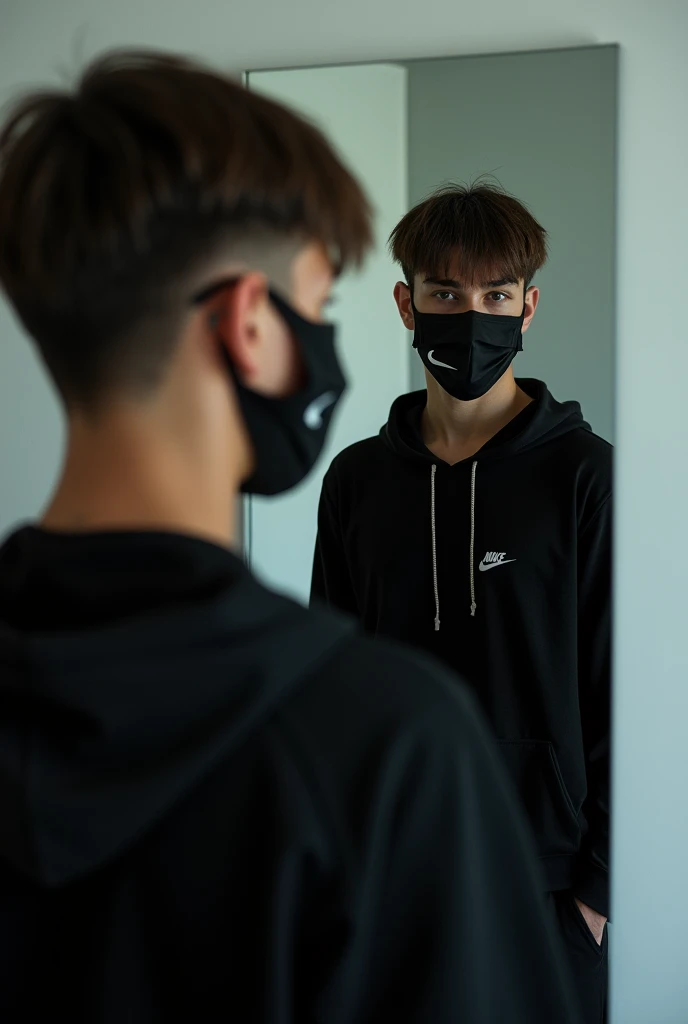 Create a photo of a young man taking a photo facing the mirror wearing a black outfit and a Nike mask with straight hair