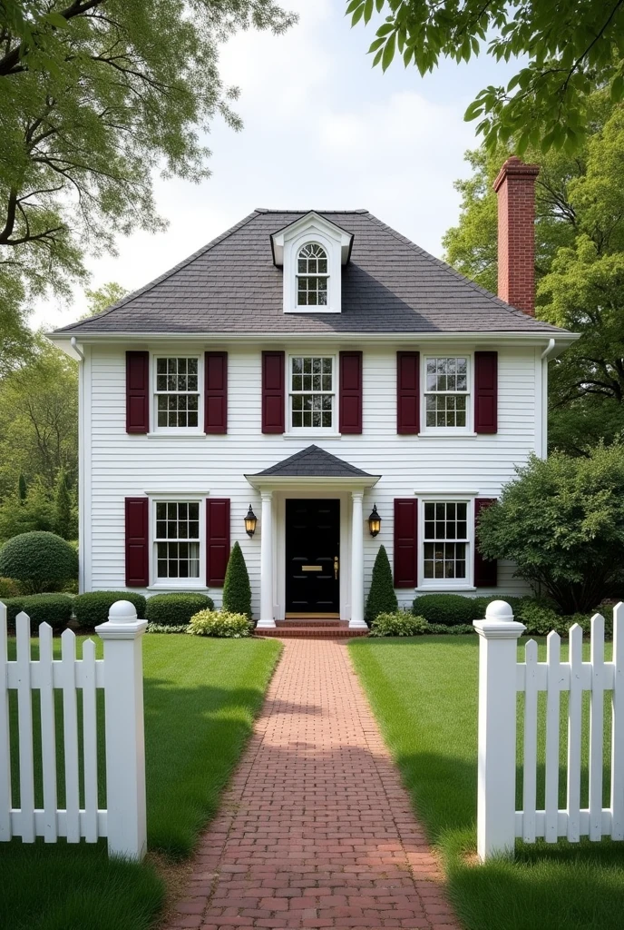 White house two story with dark wine red shutters in the country with a white picket fence black door