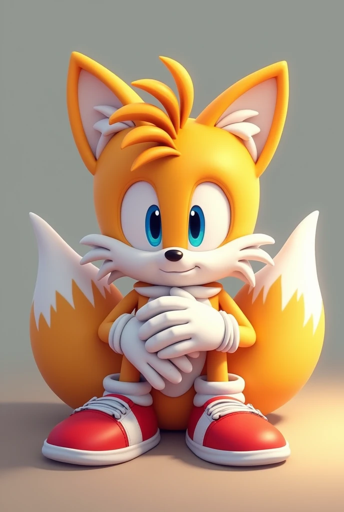 Tails hugging own legs looking at the viewer with his shoes and gloves on