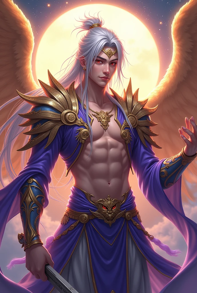 Handsome 6 Yo xianxia protagonist,man,guy,long silver with golden strand hair, Crimson red and golden amber eyes combination ,and long silver hair with golden undertone,and the golden rune motiv scratched on his forehead,use armour featuring like pattern on furr of white Tiger chinese with purple and golden dominant color,pauldron protective shape like dragon head,breastplate featuring like azure dragon head,breastplate detailed azure dragon head shape,shoulder protective dragon shape like head red and blue,sun and moon and nebulae circling at the background,nebula destruction detail,the tassel of the armour like river of galaxy,open Abs, combination of purple and golden dominant color,golden dominant color, golden dominant color armour,with majestic purple line ,held gold mystical sword, And majestic golden wings at back,arch angle wings at back,terrifying aura around,24K ultra hd,face and eyes detail,lips and face detail,masterpiece ,better quality