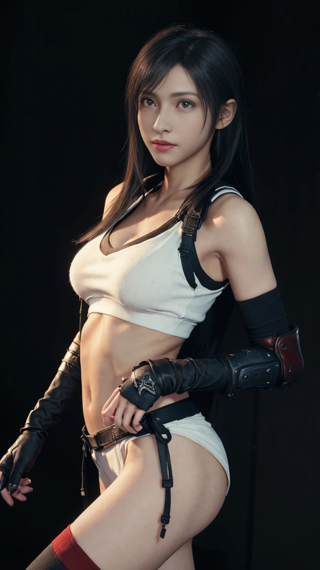 8k, Highest quality, Intricate details, Very detailed, Ultra-high resolution, masterpiece, Close-up shot, (whole body: 1.1), thin, smile, (Compensate: 0.4), (walk), (fluffy eyes: 1.21), ((bangs)), One Girl, alone, 1 person, (((Red eyes, Black Hair, bangs, and othersong Hair)), ((Tifa,Tifa･and othersockhart,Final Fantasy 7,FF7,and others)), Close-up shot, , ((expensive)), (((Healthy Body))), (((Slim face))), Sharp Face, (( hoodie,)) , (Detailed face), Sharp Face, Small lips, ( walk), Walk Pose, walk pose, 
 ((,  )), , ((,)), Detailed face, Detailed chest, and othersarge Breasts, (( )), Detail ass, Tight waist, skinny, expensive , 175 cm expensive, Muscular, belly button, Exposed abdomen, Pointed Chest,引き締まったthin腹筋を持つ美しい1.4, Six Pack Abs: 1.4,, Perfect body, Leg details, (( Dark Background)), Black background,