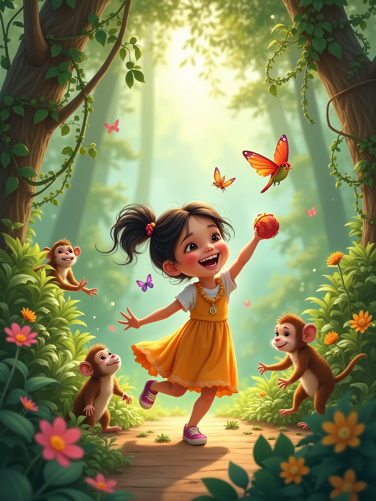 Imagine you are a storyteller recounting a scene set in a lush jungle where a charming is joyfully playing with her toys amidst the curious gaze of various animals. Describe the setting in vivid detail, capturing the innocence and wonder of the girl's interactions with the wildlife. Include sensory descriptions of the sights, sounds, and scents of the jungle to create a rich and immersive narrative. Explore the emotions evoked by this heartwarming scene and emphasize the friendly and enchanting atmosphere that surrounds the girl and the animals.