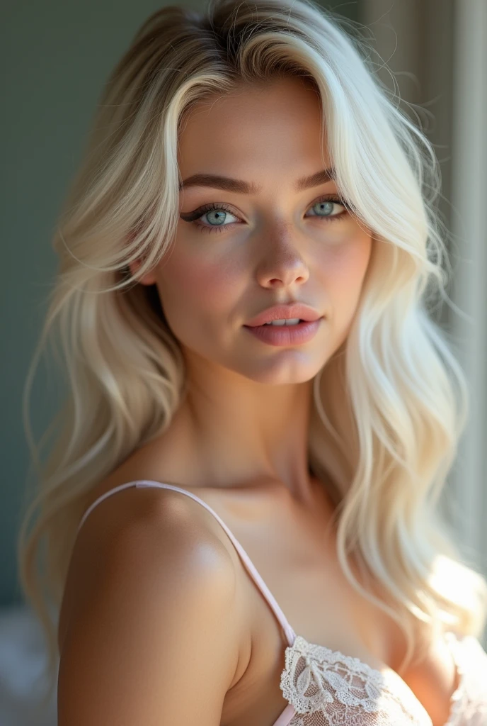 une beauté inégalée, peau brillante, ferme et brillante, frange entre les yeux, brillant droit belle blonde platine, Cheveux soyeux super longs et raides, eye-liner, Sexy belle innocente de , haute définition, grands, beaux, beaux yeux bleus brillants, belle et charmante fille, visage de bébé, en dessous dentelles bleu 