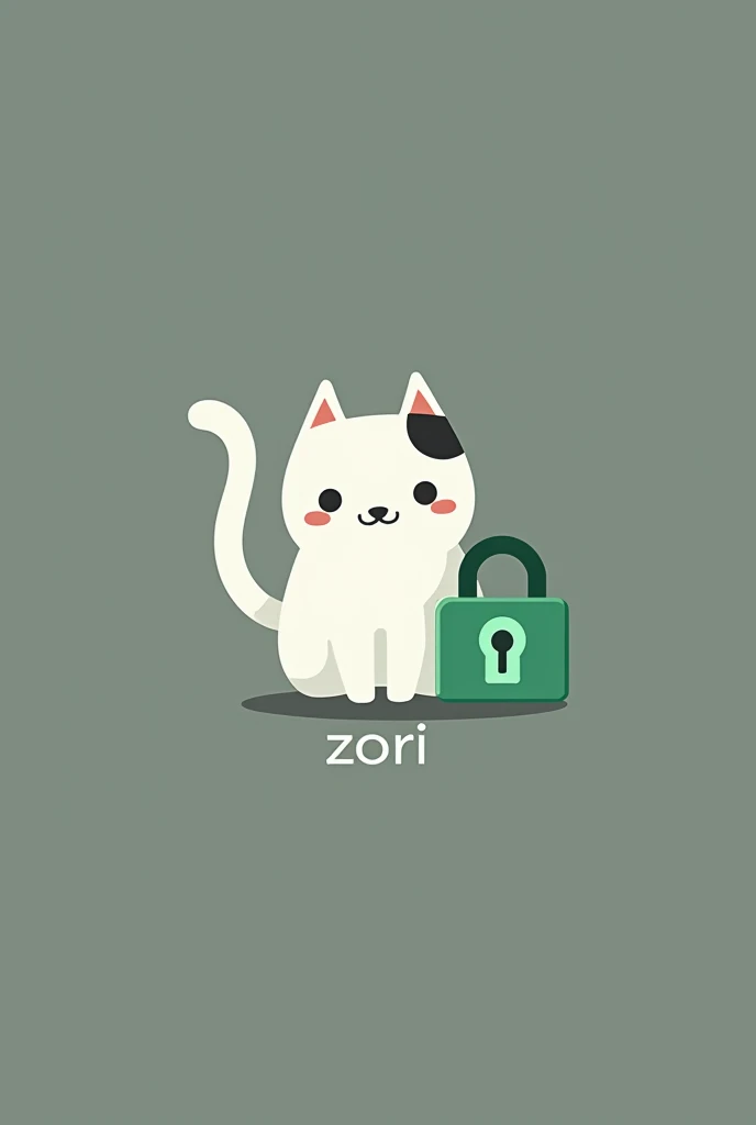 A logo of a cat that has two pointed lines on the edges and is white and has a green lock and on the left a black-stained ear and that says zori
