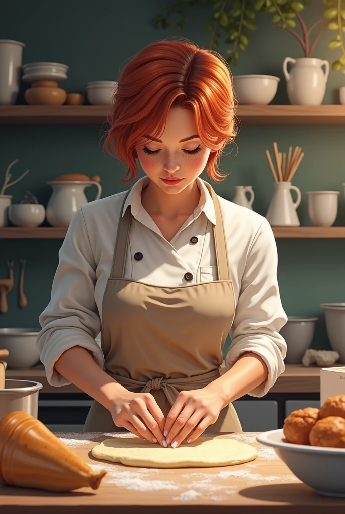 Pastry chef woman with short hair and freckles