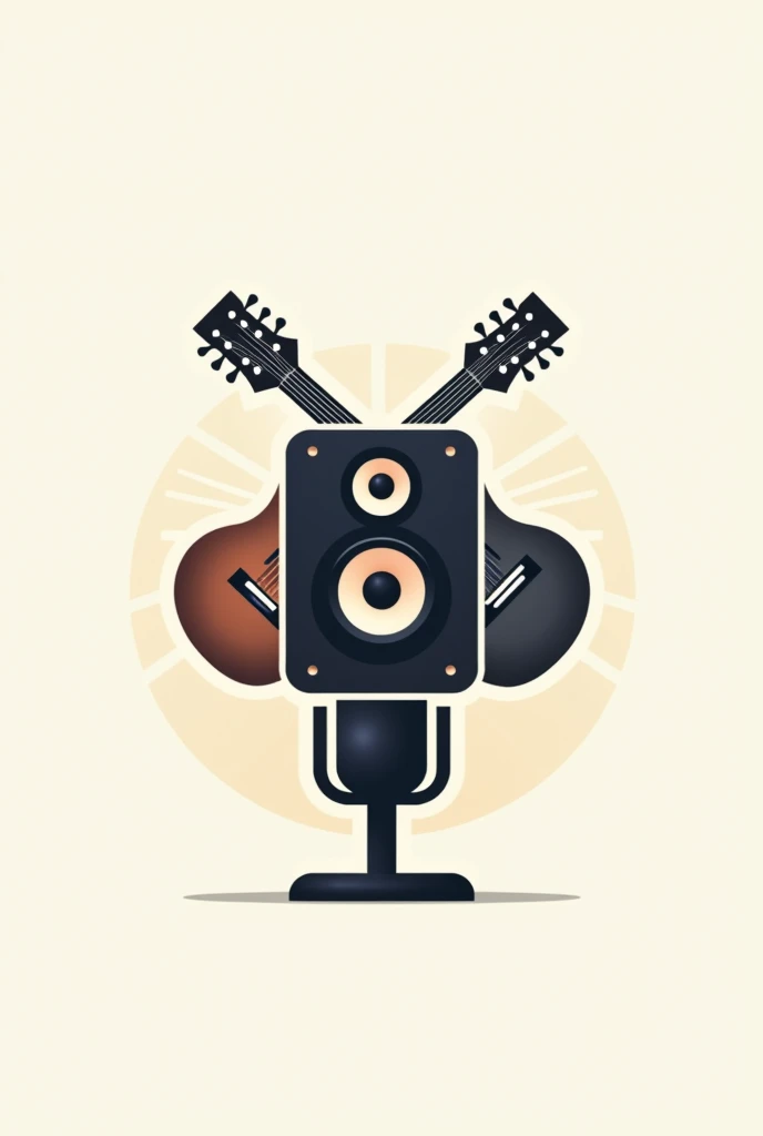 A logo for a podcast channel depicting a stereo speaker in the center crossed by two acoustic guitars