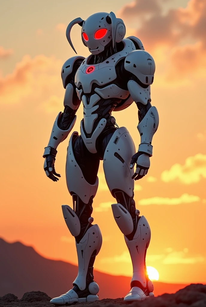 Ant with white most cooler robot suit in the word with red eye in the sunset standing on 2 legs
