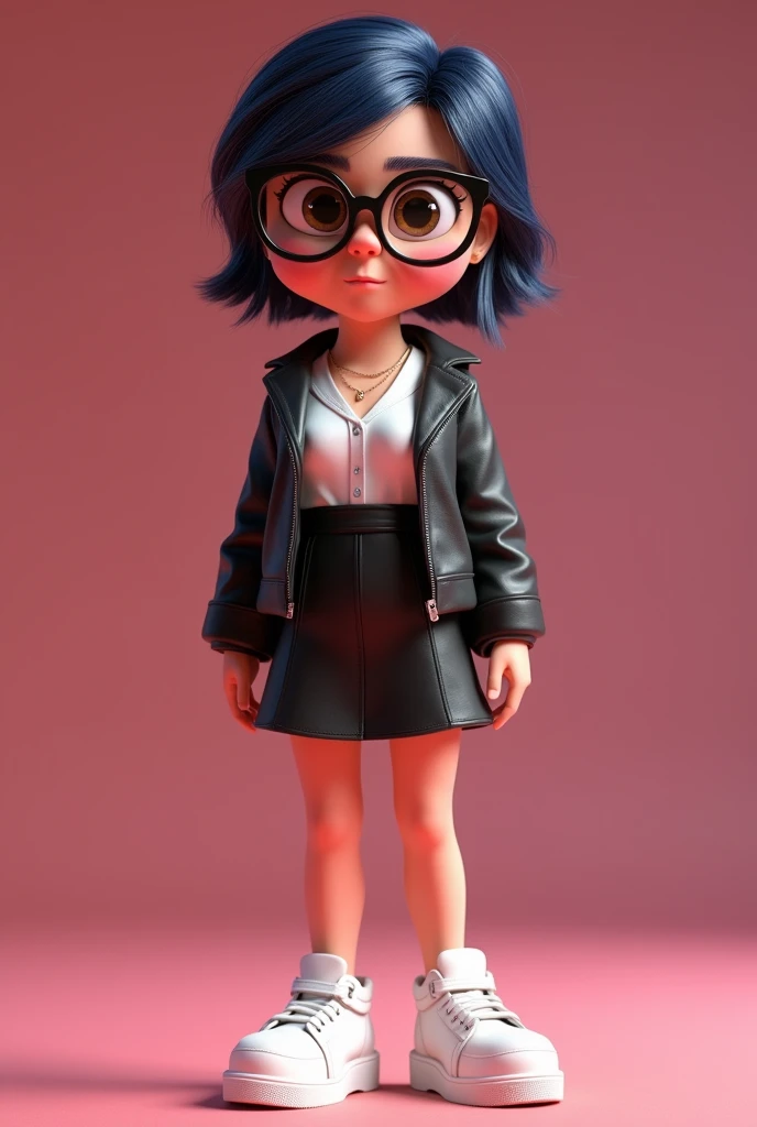 Personagem cartoon 3d de (Female One, medium breasts, medium legs) from the movie Inside Out Disney Pixar style, with the skin
(Pink), eyeballs (light brown s), body hair (body hair curto preto),
(wearing glasses, white blouse, Black jacke, short leather dress, white platform shoe). expression of (smiling angrily) in the face