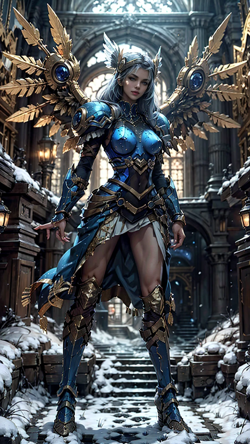 Lenneth from 'Valkyrie profile', BREAK: bright_gold_trimmed_sapphire_blue_plate mech4rmor, (boob window in armor), thigh cutout, long skirt, BREAK: standing, contrapposto stance, light smile, castle ruins, fluffy snow falls, BREAK: intricately detailed eyes, detailed face, detailed hands, cinematic lighting, moody atmosphere, (16k, absurdres, masterpiece, best quality), wings