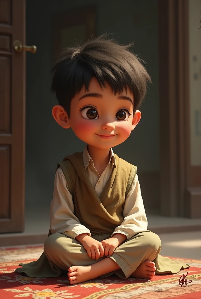 Kid Ali with a bright, kind face. He is shown sitting calmly, possibly in a peaceful setting like a simple home or a mosque, his posture reflecting obedience and serenity.