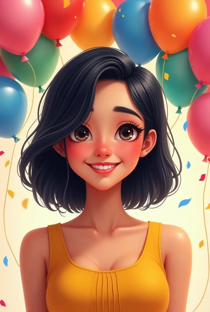 I want an advertising design of a black-haired woman, smiling, showing only the torso of her body in the form of a realistic cartoon and next to it an arch of balloons surrounding her