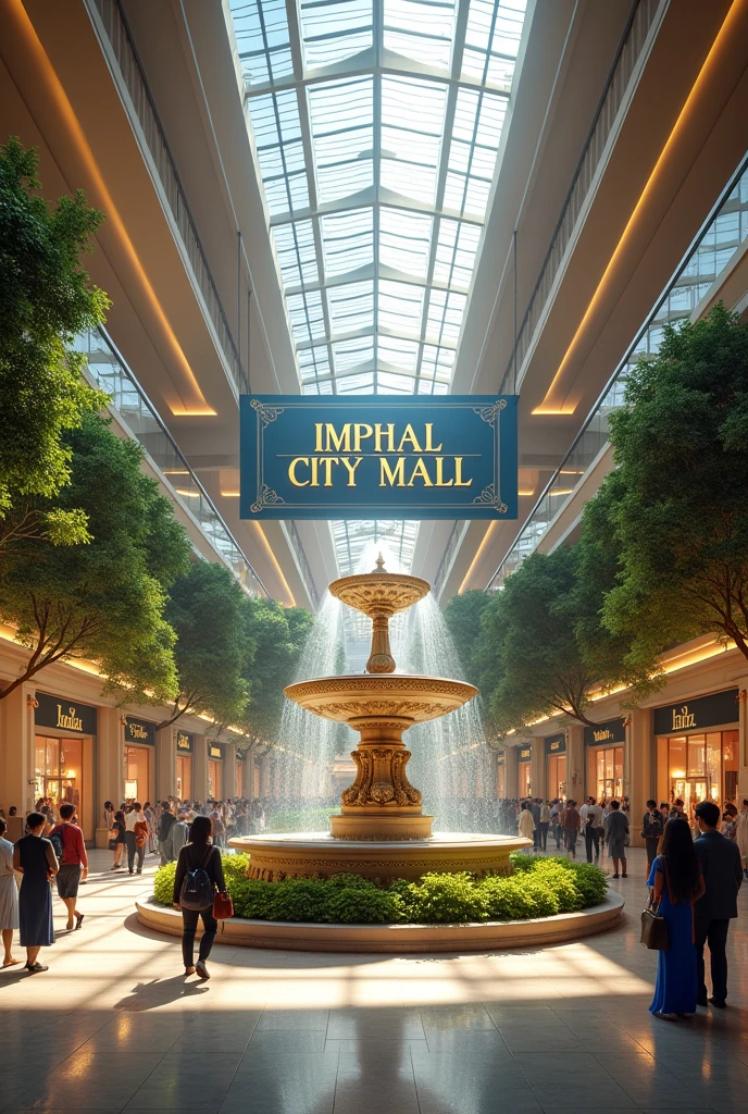 (photorealism:1.2), Inside view of a huge shopping mall with a beautiful garden inside it beautiful ancient style fountain (The name of the mall should be written "Imphal City Mall" hanging over the grand ceiling in a banner) Make the picture looked like a shopping mall modern and the tittle should also be visible"Imphal City Mall"