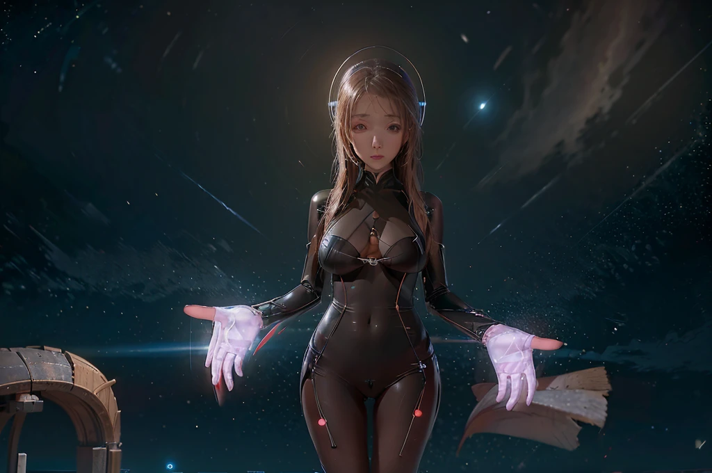 Future city, universe, technology, magic, reality, cute woman (sheer body suit with blinking lights, no underwear), starry eyed sight seer
