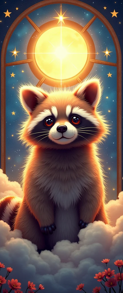 captivating photograph of a cute extra fluffy baby realistic raccoon A mesmerizing 3D render of a stained-glass-style image featuring . The cel-shaded design is filled with radiant colors and shining golden hues, surrounded by celestial elements such as stars, moons, and clouds. The baby raccoon is depicted with a soft, divine lighting, reminiscent of a halo or shining crown of thorns. The overall atmosphere of the image is ethereal and uplifting, with moonlit clouds providing a gentle backdrop. This poster-worthy image is sure to inspire feelings of divine connection and spiritual transcendence., poster, photo, 3d render