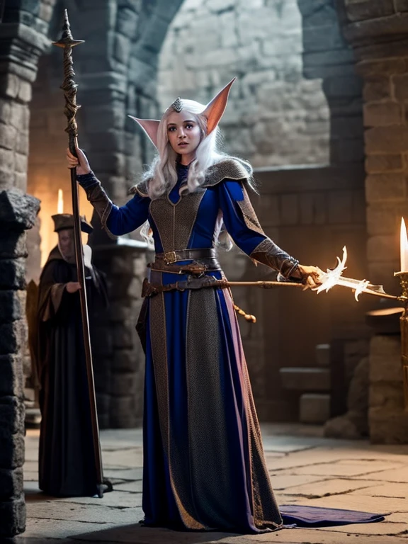 Elara the medieval elf mage raising her staff and conjuring a powerful magical barrier that protects the medieval human soldiers from the orcs' attacks. The barrier has a bright blue glow., while the orcs attack with fury from the other side.