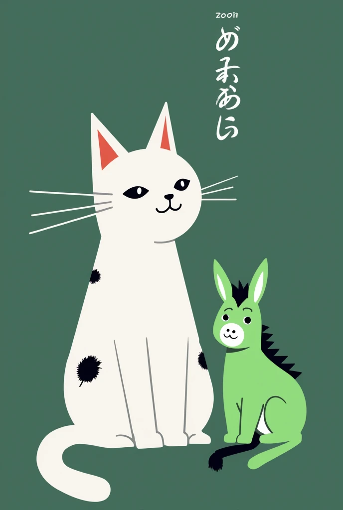 A logo of a cat that has two pointed lines on the edges and is white and has a green donkey and on the left a black-stained ear and that says zori
