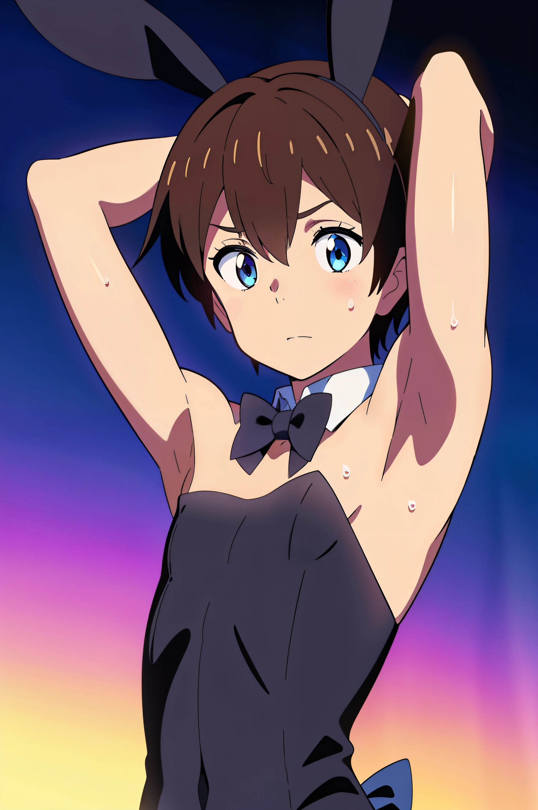 Highres, Masterpiece, Best quality at best,Best Quality,hight quality, hight detailed, Anime style, 1boy, Shota, young boy, shinkai makoto, kimi no na wa, Taki, hair between eyes,brown hair, blue eye, slim body, look at viewer,animal ears, playboy bunny, rabbit ears, fake rabbit ears, strapless, strapless leotard, detached collar, bare shoulders, bowtie, bow, wrist cuffs, choker, flat chest, upper body, (Showing armpit:1.3), (very young boy), (very small and short body), simple beckground, cute boy, Uhd, bokeh, sweat
