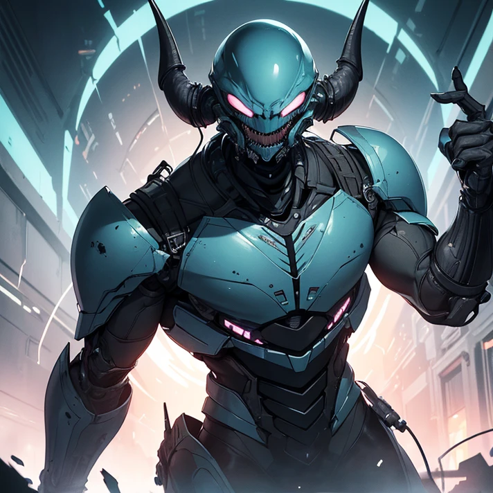 (masterpiece), (best high quality), (High resolution), (masterpiece), (anime style), (grimdark), (HD), (chaos), (simple background), (very detailed character,) ("Dead Spac eaesthetic")
{{male evil oldman:(elder head with face wrinkles, grey skin, bald and full of black cables at top of the head, pink eyes, open laughing mouth full of metalic teeth),(blue biomechanic xenomorph body, grey biomechanic torax, biomechanic grey shoulders, sharped arms armor, fat hands with five cable fingers, biomechanic grey hips and legs, three tentacle tails with cyringes),(laughter evil pose, terrorist psychotic demeanor),(destroyed city on planet earth, desolated and lonely, green sky)}}