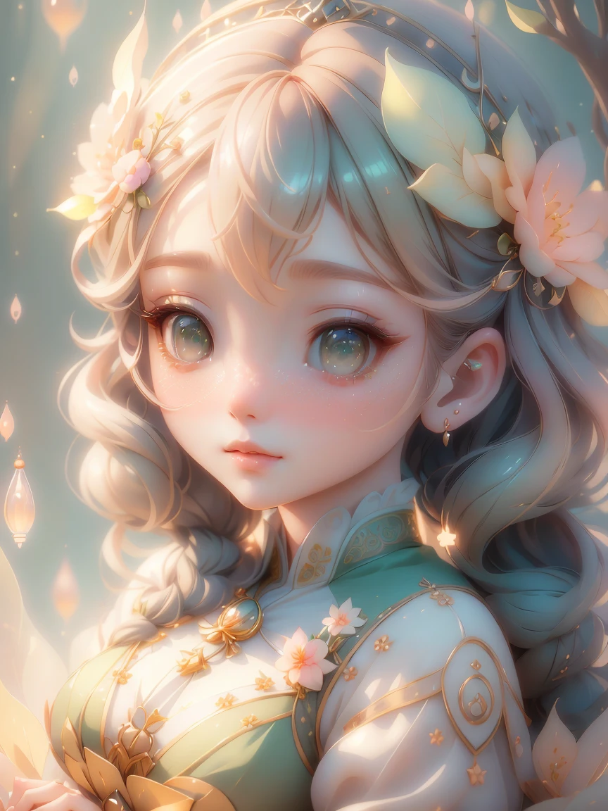 A sparkling girl in chibi style, amber hair, medium pastel green, luxurious fabrics, detailed, large scale, looking at the viewer, hanfu, (best quality,4k,8k,highres,masterpiece:1.2),ultra-detailed,(realistic,photorealistic,photo-realistic:1.37),beautiful detailed eyes,beautiful detailed lips,extremely detailed eyes and face,longeyelashes,intricate patterns,soft lighting,vibrant colors,delicate textures,ethereal,whimsical,dreamlike