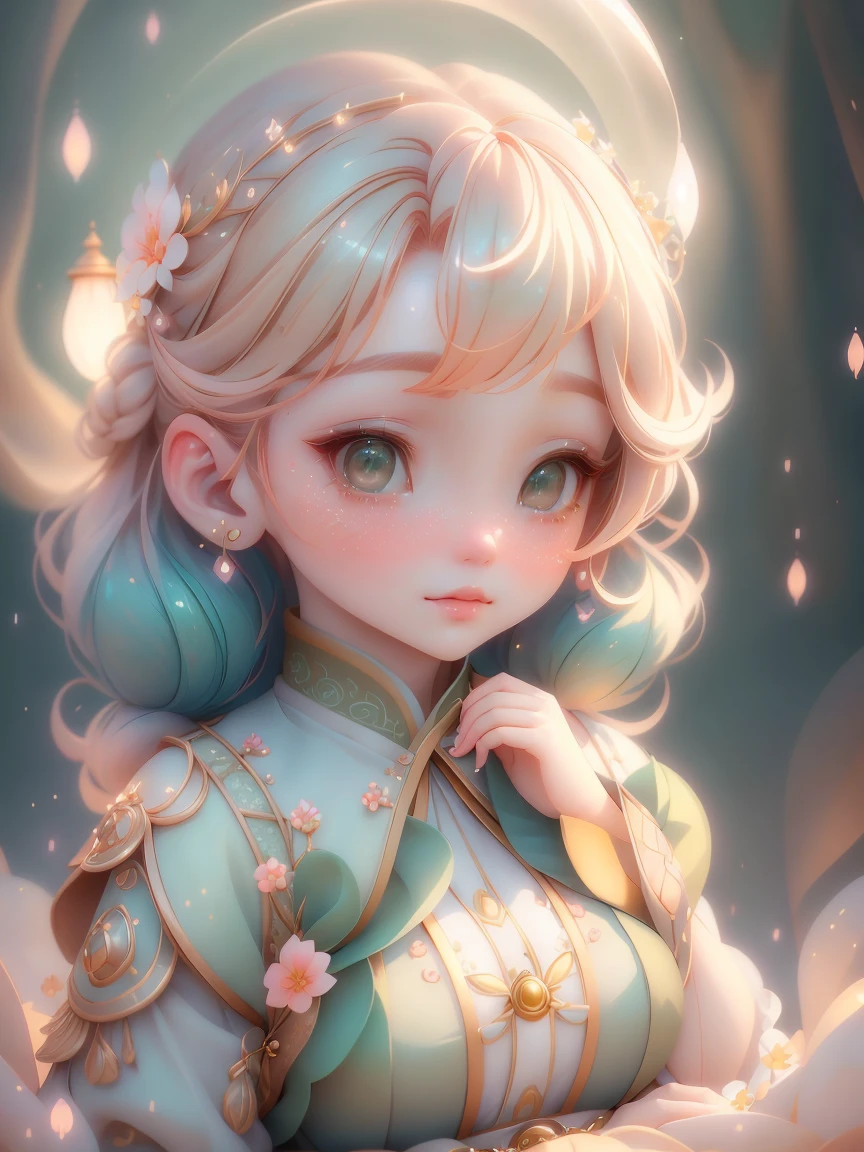 A sparkling girl in chibi style, amber hair, medium pastel green, luxurious fabrics, detailed, large scale, looking at the viewer, hanfu, (best quality,4k,8k,highres,masterpiece:1.2),ultra-detailed,(realistic,photorealistic,photo-realistic:1.37),beautiful detailed eyes,beautiful detailed lips,extremely detailed eyes and face,longeyelashes,intricate patterns,soft lighting,vibrant colors,delicate textures,ethereal,whimsical,dreamlike