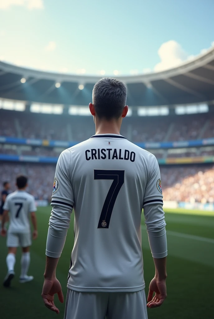 Real Madrid player named Oscar Cristaldo who wears number 7, long sleeve, Short hair, grey hair being shown to his new fans, young sword player with the number 7 and the name Cristaldo at the Bernabeu