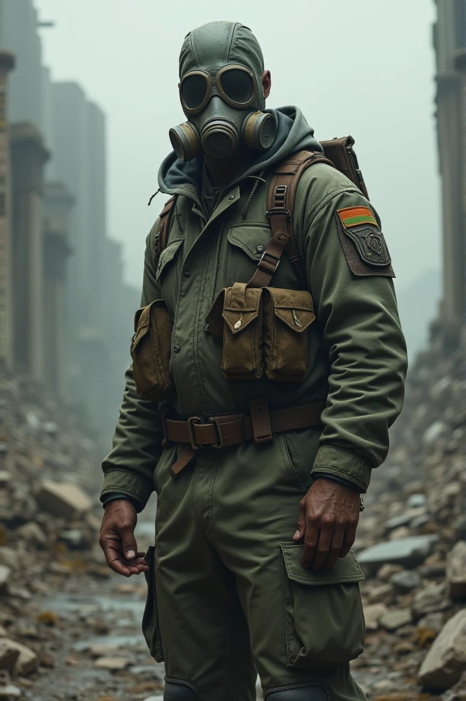 A man with a gas mask and wearing military clothing
