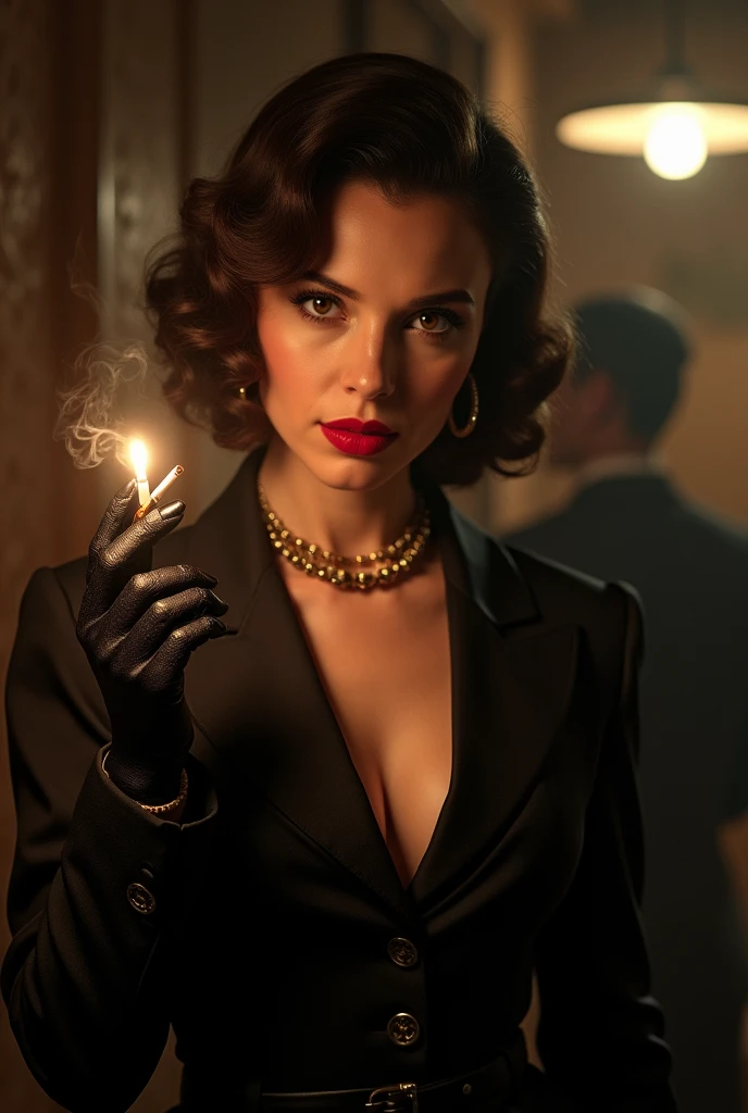 a glamorous 1940s female gangster, scarlett joanson, exquisitely dressed, ultra-sexy, holding a cigarette, smoke, sophisticated retro hairstyle, red lipstick, dramatic chiaroscuro lighting, photorealistic, 8k, hyperdetailed, high-fashion editorial, cinematic composition, moody and atmospheric, dramatic shadows, sultry and alluring