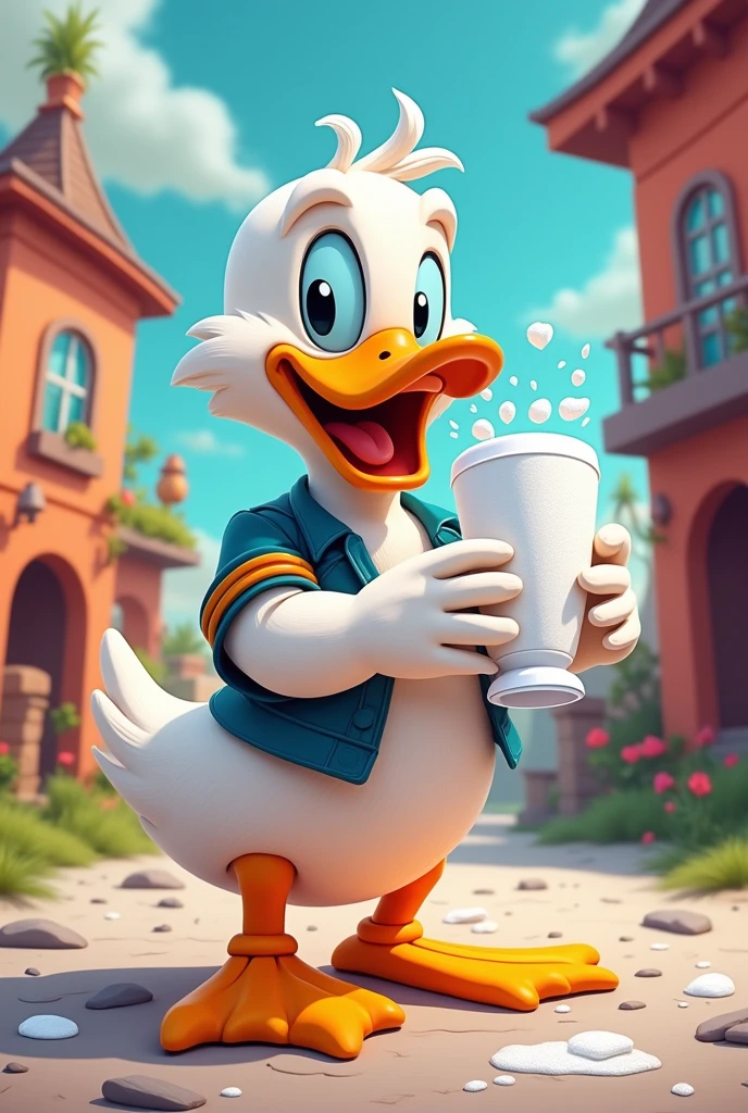 Duck with a glass of Styrofoam cartoon