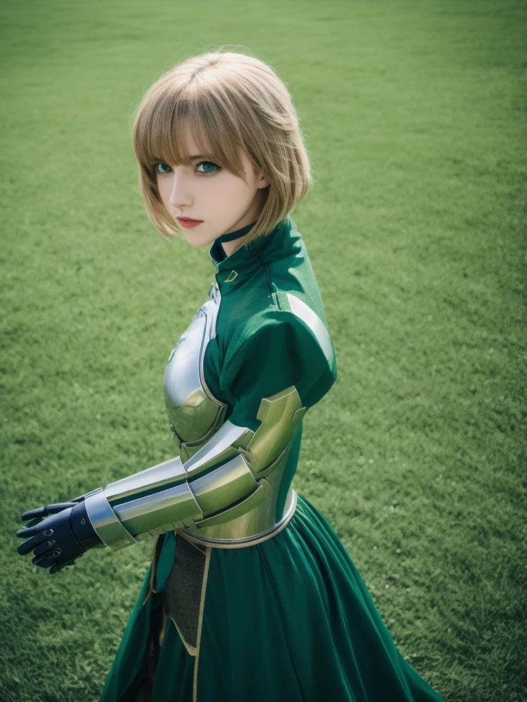 masterpiece, best quality, highres, close up, portrait, aasaber, green eyes, ahoge, gauntlets, standing, cowboy shot, outdoors, field, grass