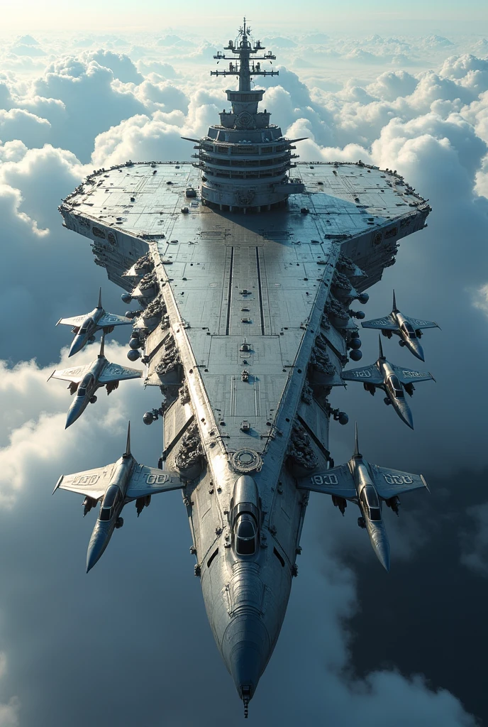 Flying aircraft carrier equipped with nuclear reactors with 7 aircraft equipped with a nuclear missile with Bukistan marked on the top