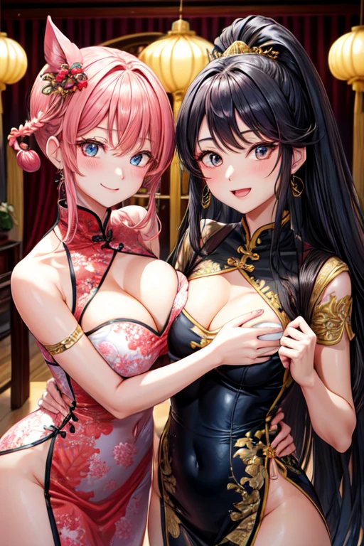 A woman and a girl, both busty, ambas son elegant china idol.