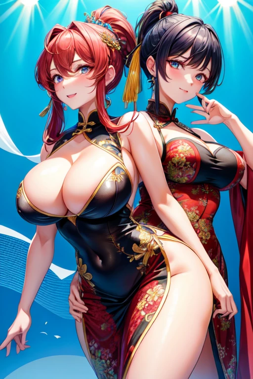 A woman and a girl, both busty, ambas son elegant china idol.