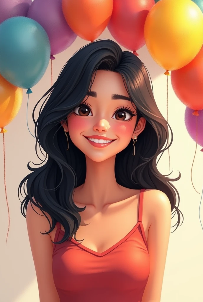 I want an advertising design of a black-haired woman, smiling, showing only the torso of her body in the form of a realistic cartoon and next to it an arch of balloons surrounding her