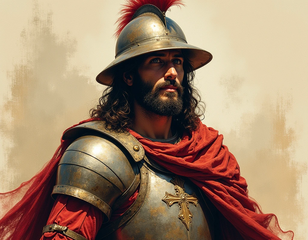A full-body Spanish conquistador from the past but with the face of Jesus of Te Chosen who also has the typical Spanish medieval metal helmet, and as if it were a drawing