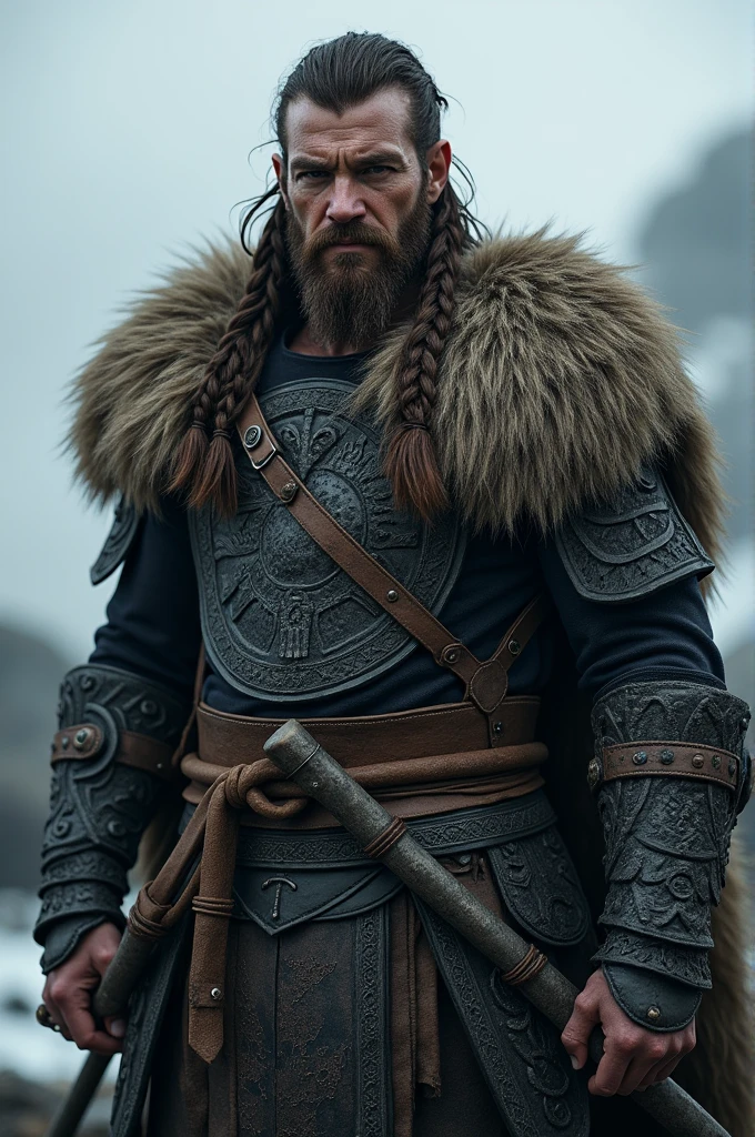 Make a dark brown hair vikings with bangs and braids 