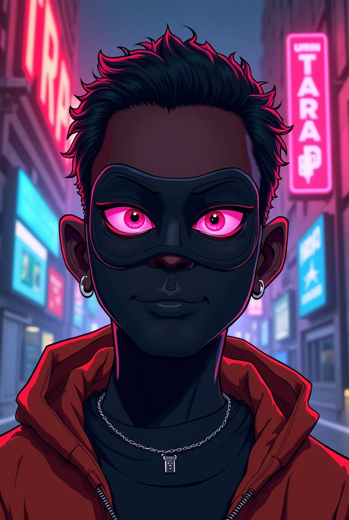 Make a light-skinned black character wearing a cartoon-style mask with a trap album cover theme
