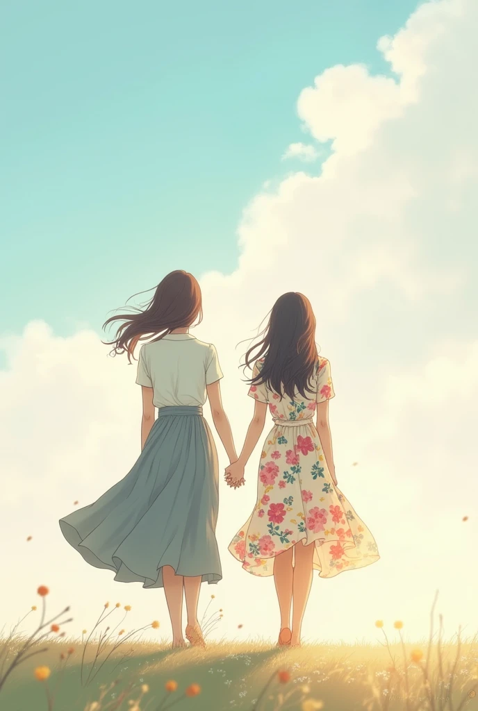 Drawing from a distance of two friends arm in arm walking towards the sky, one in a long grey skirt and white shirt and the other in a floral dress