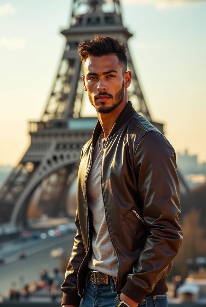 Portrait of young Gabriel Garko, dressed like a sexy outfit, leaning on the hood of a car wearing aviator glasses in Paris.