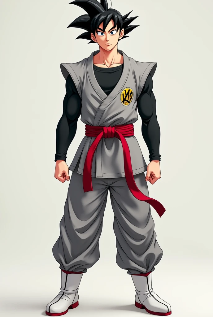 20 year old boy with pale white skin 
European features
Good body Wearing a tight black shirt Long sleeves , over it a grey karate suit sleeveless, and red belt,
Black pants and white plain boots 
Goku's hair stylized
Realistic style 


