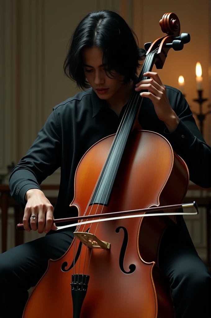 Young slim man with black and straight hair and dark skin playing the cello