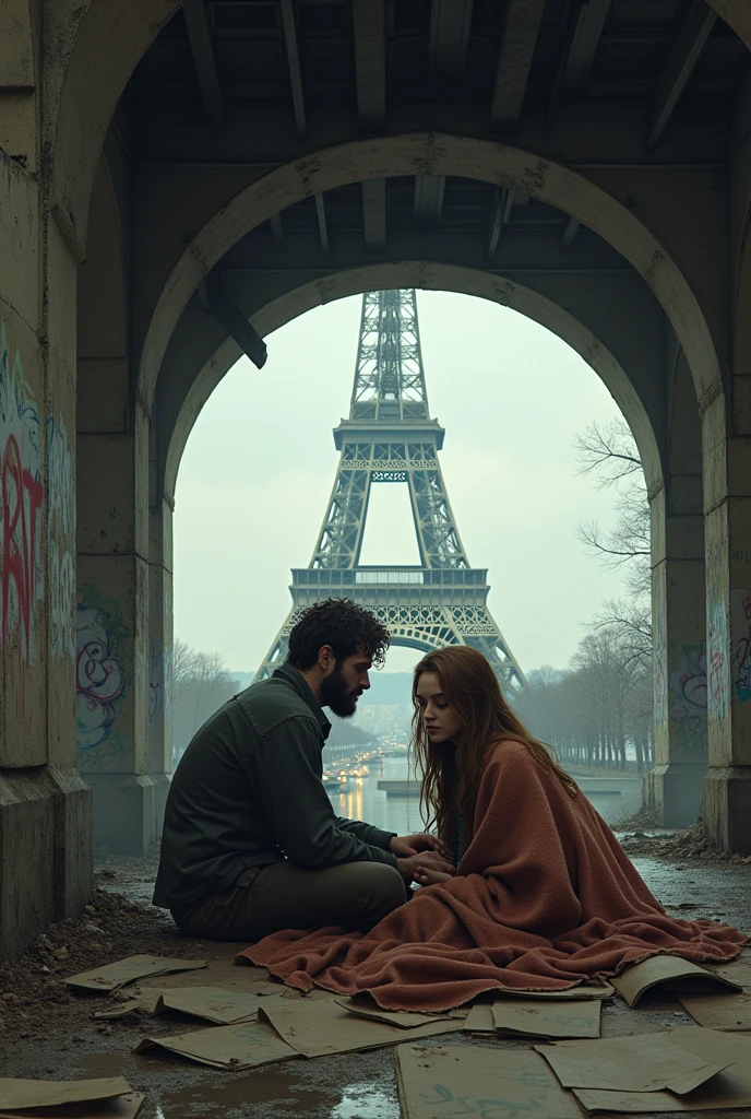 Sad couple, with a short brown hair bearded man and his beautiful girlfriend with chestnut hair, sitting like tramps with damaged blankets on old cardboards under a dirty bridge in Paris near the Eiffel tower