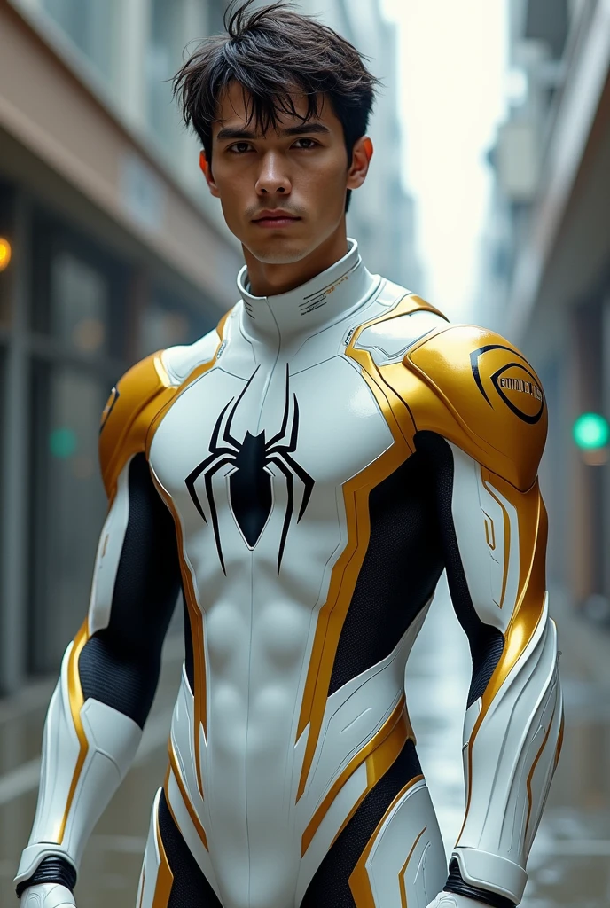 absurdres, intricate details, masterpiece, best quality, high resolution, 8k,
(1boy, white spidersuit, gold spider web print, short hair, armspiderverse:1.2),
looking at viewer, smirk, Manhuanan,
(muscular, large pectorals, abs),
detailed face, black eyes, black hair, eye reflection, shiny necklace,
bedroom, (full body:0.8), window, flower,
detailed background, cinematic lighting
<lora:chinesemalelikeness3:0.5> <lora:NIJI卿¼«ç·é£æ ¼_v1.0:0.5> <lora:armspiderverse_v2:0.7>