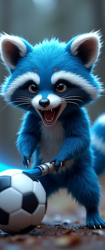 captivating photograph of a cute extra fluffy baby realistic raccoon A captivating and atmospheric fantasy raccoon with blue fur and adorable round eyes. The raccoon, is shown in a playful yet aggressive pose, growling while holding a soccer ball and a magical saber. The raccoon's muscles are emphasized, giving it a powerful and fierce appearance. The overall style is a blend of kawaii, dark fantasy, and 3D rendering, with exquisite attention to detail, making it ideal for a t-shirt design., fashion, dark fantasy, painting, illustration, 3d render