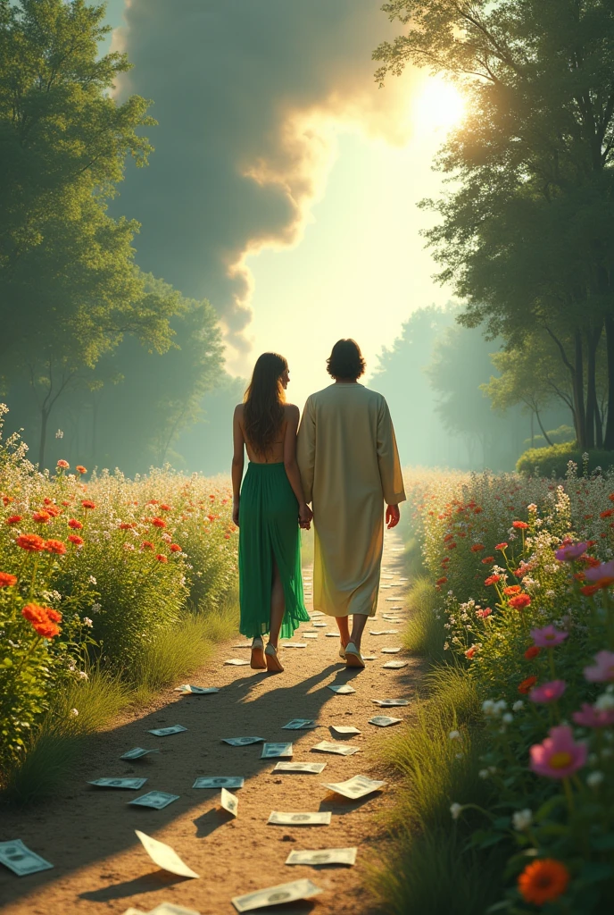 The image shows two people walking side by side on a path through a vibrant and colorful landscape. The figure on the left is a girl is wearing a green dress with a high slit and high heels, while the figure is Jesus on the right is dressed in a beige robe.
The path they are walking on is lined with lush flowers and plants, leading towards a bright light in the distance. On one side of the path, there’s dark smoke rising into the sky from behind some trees, contrasting with the otherwise idyllic setting. Scattered along the path are numerous paper bills.
