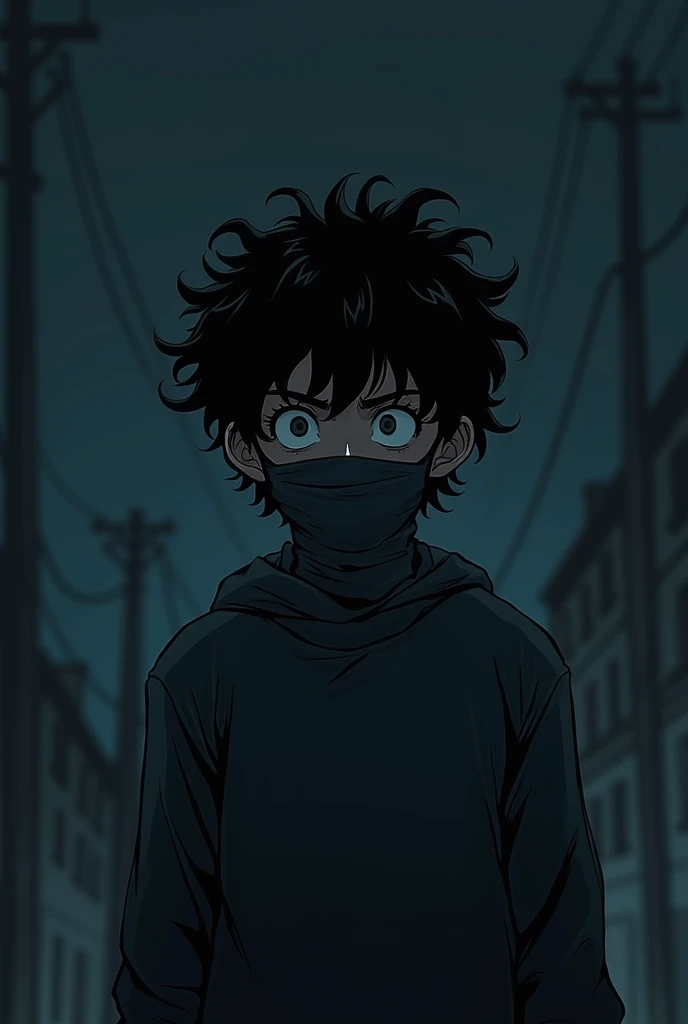 A comic image about a white-skinned teenage boy with curly hair and bangs only in the front, gloomy at night with his mouth covered with an outfit 
