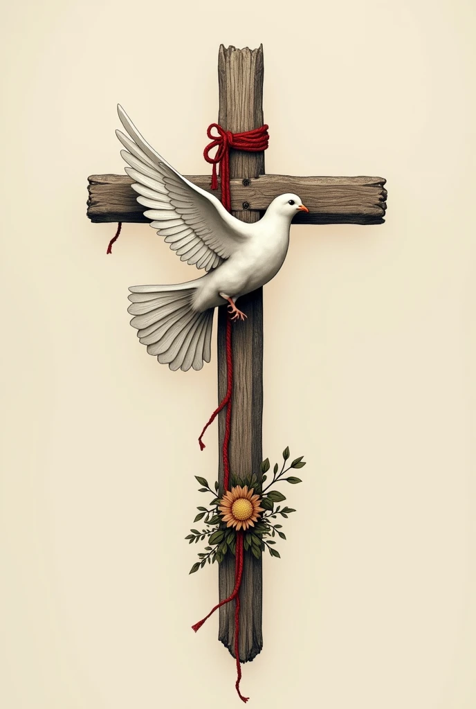 A dove descending from a wooden cross that has a red thread wrapped around it and a Eucharist beneath the Cross tattoo design 