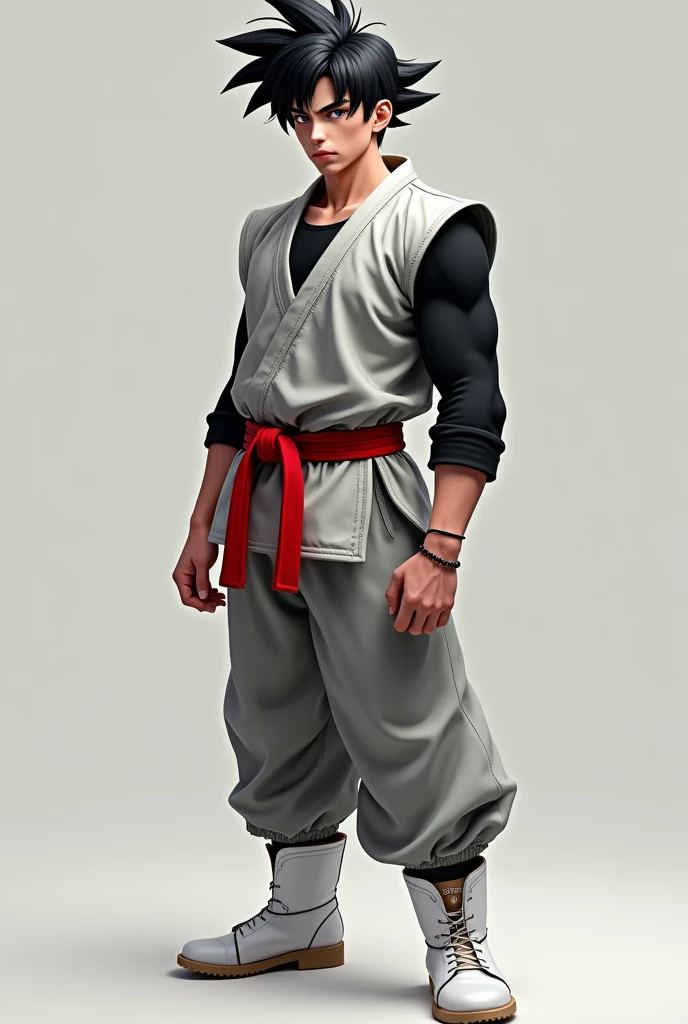 20 year old boy with pale white skin 
European features
Good body Wearing a tight black shirt Long sleeves , over it a grey karate suit sleeveless, and red belt,
Black pants and white plain boots 
Goku's hair stylized
Realistic style 


