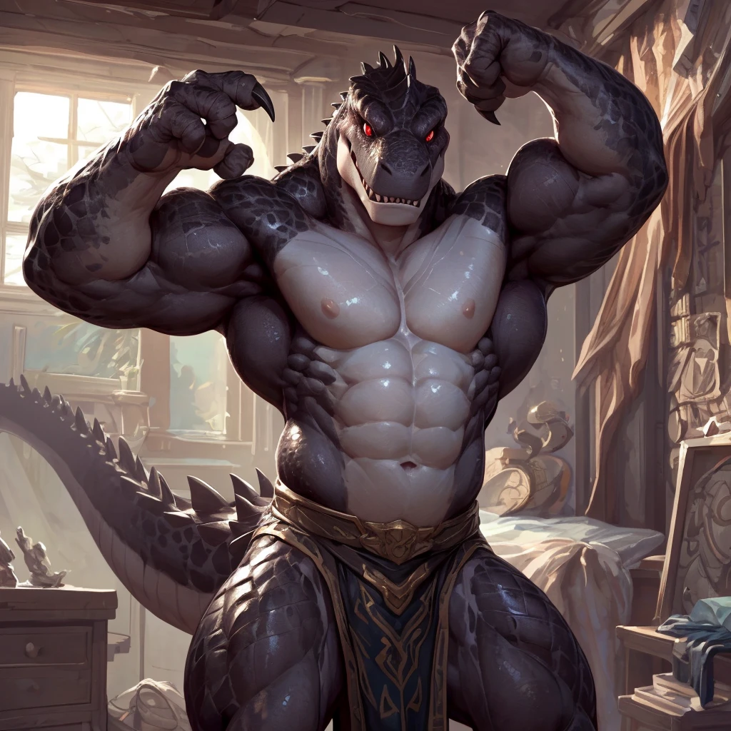solo, anthro, furry male, ultra details, T-Rex, ((ultra detailed muscles)), (T-Rex print), black scales, white belly, black spiny scales, bedroom, standing up, muscle pose, front double biceps pose, bodyguard outfit, black claws, red eyes, slit eyes, slim fit, muscular slim, menacing, handsome, flirt, ultra detailed slit eyes, pecs, hind leg, tail, looking at viewer, (Masterpiece, by null-ghost, ultra hi-res, 8k), ????? torso , black loincloth, front pov.