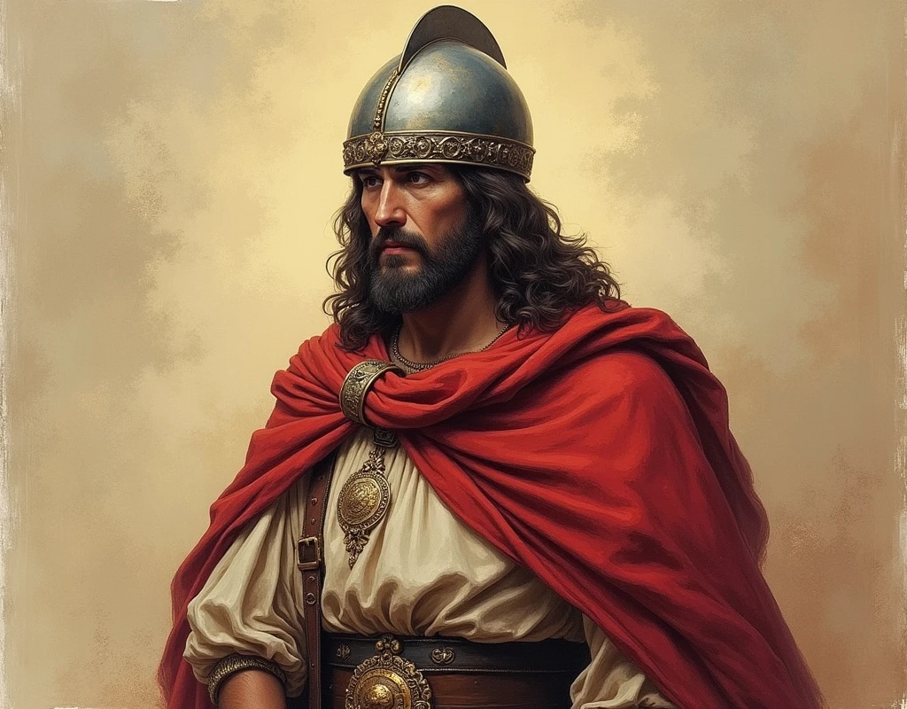 A full-body Spanish conquistador from the past but with the face of Jesus of Te Chosen who also has the typical Spanish medieval metal helmet, and as if it were an illustration drawing